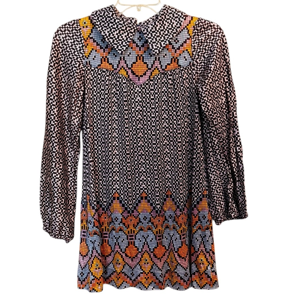 60s Vintage Mini Go Go Mod Geometrical Print Dagger Collar Twiggy Shift Dress S